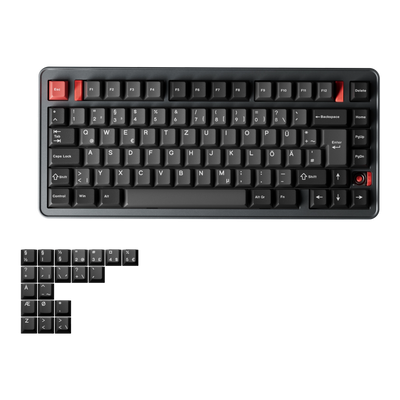 Evoworks Evo75 wireless mechanical keyboard in Basalt Grey with black and red keycaps, top-down view, German ISO base with ISO Nordic replacement keycaps