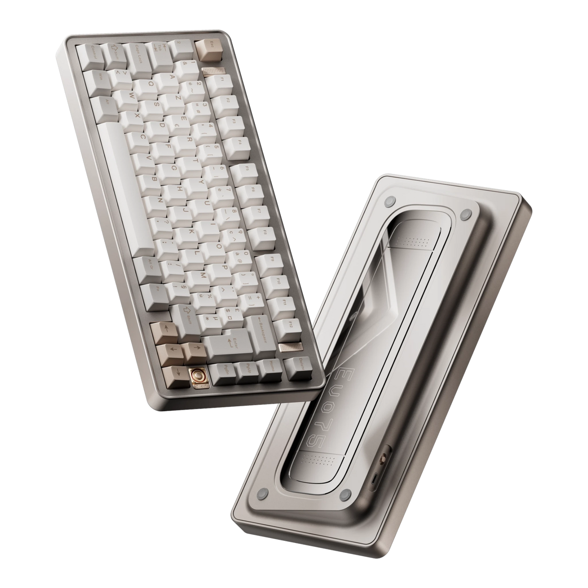 Evoworks Evo75 wireless mechanical keyboard in First Light with white and beige keycaps, floating front and bottom case view, AZERTY FR layout