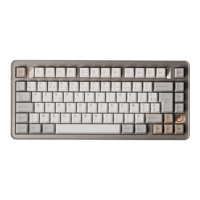 Evoworks Evo75 wireless mechanical keyboard in First Light with white and beige keycaps, top-down view, AZERTY FR layout