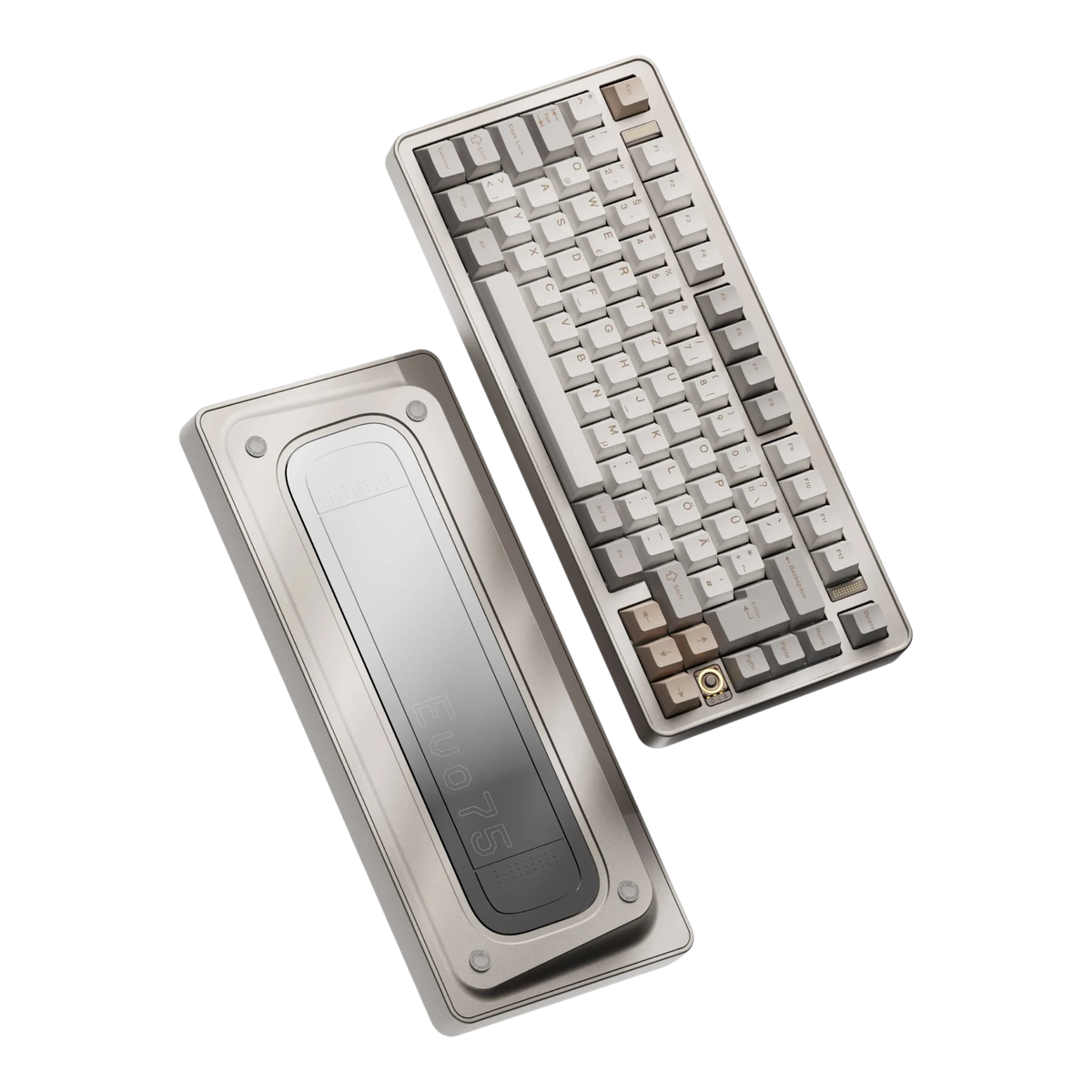 Evoworks Evo75 wireless mechanical keyboard in First Light with white and beige keycaps, floating front and bottom case view, DE ISO layout
