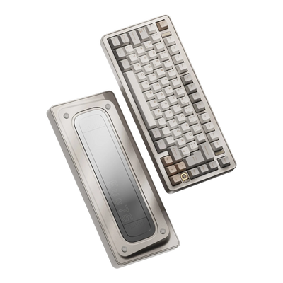 Evoworks Evo75 wireless mechanical keyboard in First Light with white and beige keycaps, floating front and bottom case view, DE ISO layout