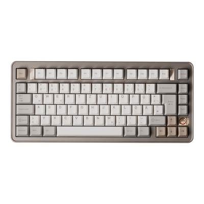 Evoworks Evo75 wireless mechanical keyboard in First Light with white and beige keycaps, top-down view, DE ISO layout