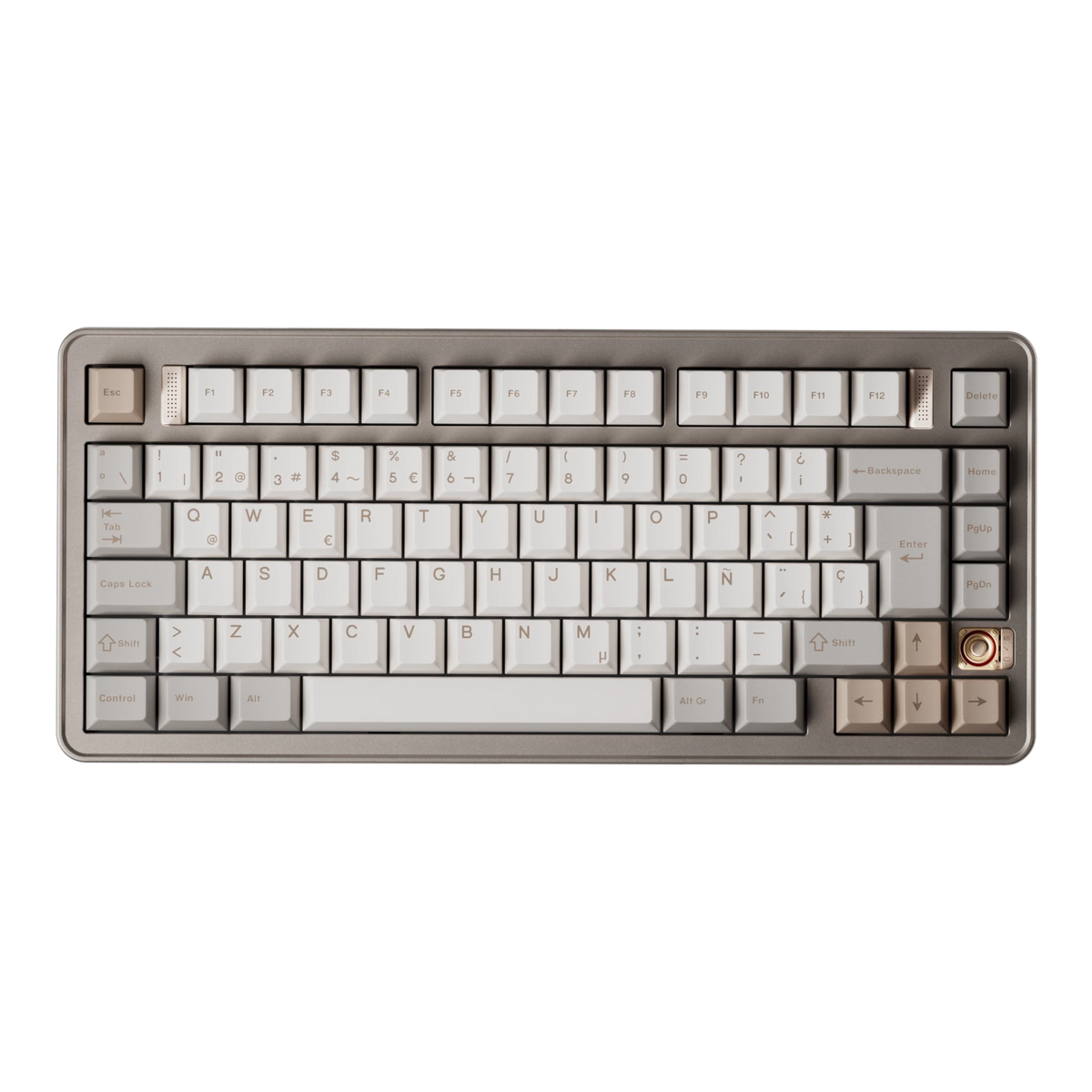Evoworks Evo75 wireless mechanical keyboard in First Light with white and beige keycaps, top-down view, ES ISO layout