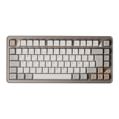 Evoworks Evo75 wireless mechanical keyboard in First Light with white and beige keycaps, top-down view, ES ISO layout