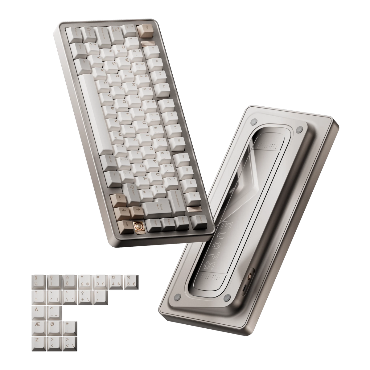 Evoworks Evo75 wireless mechanical keyboard in First Light with white and beige keycaps, floating front and bottom case view with ISO Nordic replacement keycaps