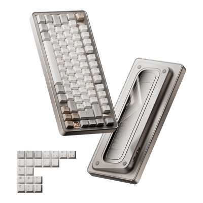 Evoworks Evo75 wireless mechanical keyboard in First Light with white and beige keycaps, floating front and bottom case view with ISO Nordic replacement keycaps