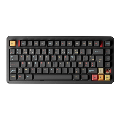 Evoworks Evo75 wireless mechanical keyboard in Nebula with black keycaps with red, orange and yellow accents, top-down view, AZERTY FR layout