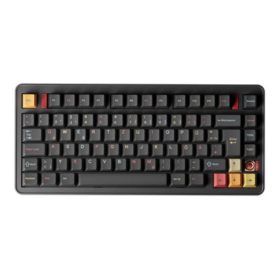 Evoworks Evo75 wireless mechanical keyboard in Nebula with black keycaps with red, orange and yellow accents, top-down view, DE ISO layout