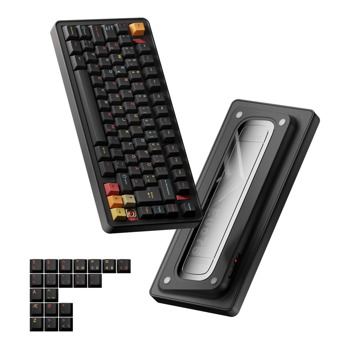 Evoworks Evo75 wireless mechanical keyboard in Nebula with black keycaps with red, orange and yellow accents, floating front and bottom case view with ISO Nordic replacement keycaps
