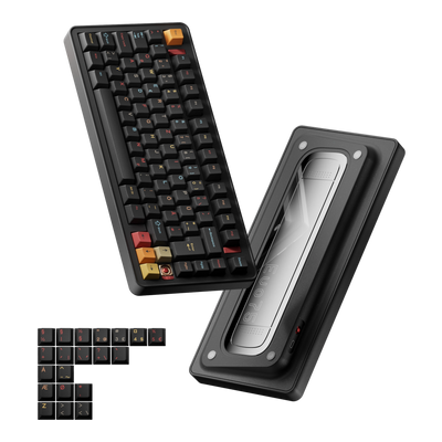 Evoworks Evo75 wireless mechanical keyboard in Nebula with black keycaps with red, orange and yellow accents, floating front and bottom case view with ISO Nordic replacement keycaps