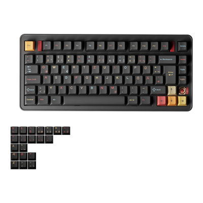 Evoworks Evo75 wireless mechanical keyboard in Nebula with black keycaps with red, orange and yellow accents, top-down view, German ISO base with ISO Nordic replacement keycaps