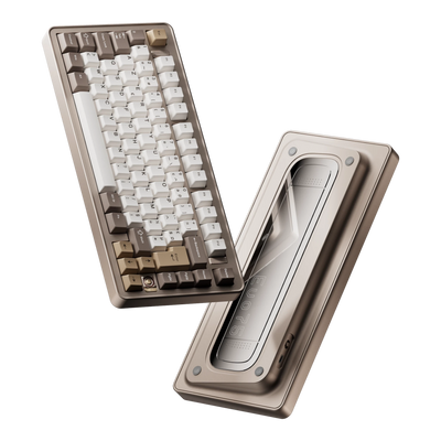 Evoworks Evo75 wireless mechanical keyboard in Sandgold with white, taupe and gold keycaps, floating front and bottom case view, AZERTY FR layout