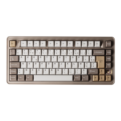 Evoworks Evo75 wireless mechanical keyboard in Sandgold with white, taupe and gold keycaps, top-down view, AZERTY FR layout