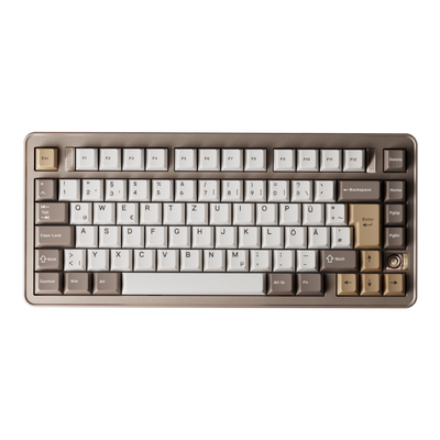 Evoworks Evo75 wireless mechanical keyboard in Sandgold with white, taupe and gold keycaps, top-down view, DE ISO layout