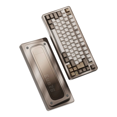 Evoworks Evo75 wireless mechanical keyboard in Sandgold with white, taupe and gold keycaps, floating front and bottom case view, ES ISO layout