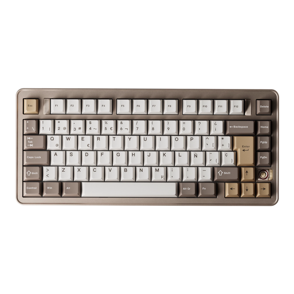 Evoworks Evo75 wireless mechanical keyboard in Sandgold with white, taupe and gold keycaps, top-down view, ES ISO layout