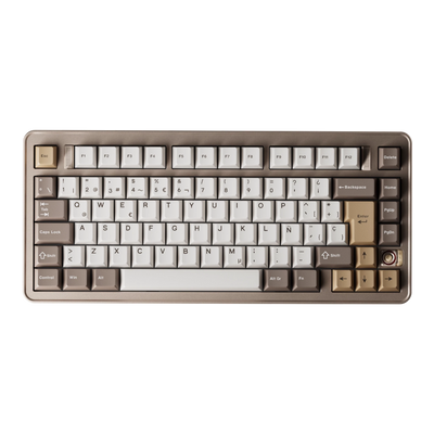 Evoworks Evo75 wireless mechanical keyboard in Sandgold with white, taupe and gold keycaps, top-down view, ES ISO layout