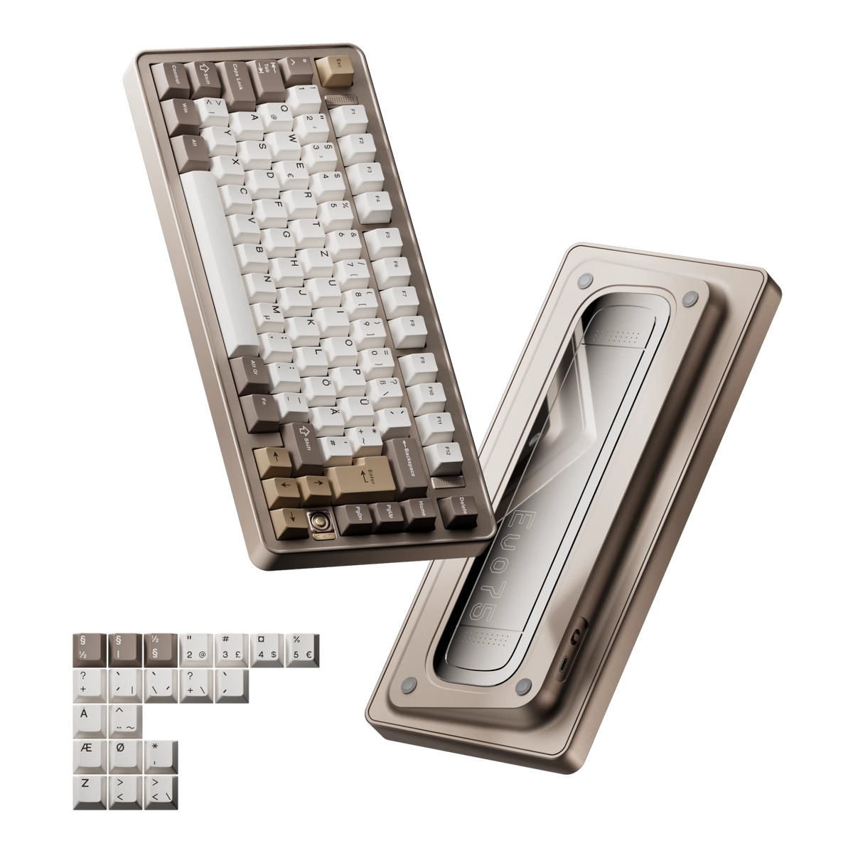 Evoworks Evo75 wireless mechanical keyboard in Sandgold with white, taupe and gold keycaps, floating front and bottom case view with ISO Nordic replacement keycaps