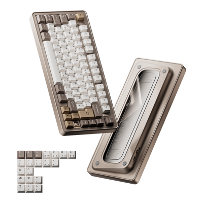 Evoworks Evo75 wireless mechanical keyboard in Sandgold with white, taupe and gold keycaps, floating front and bottom case view with ISO Nordic replacement keycaps