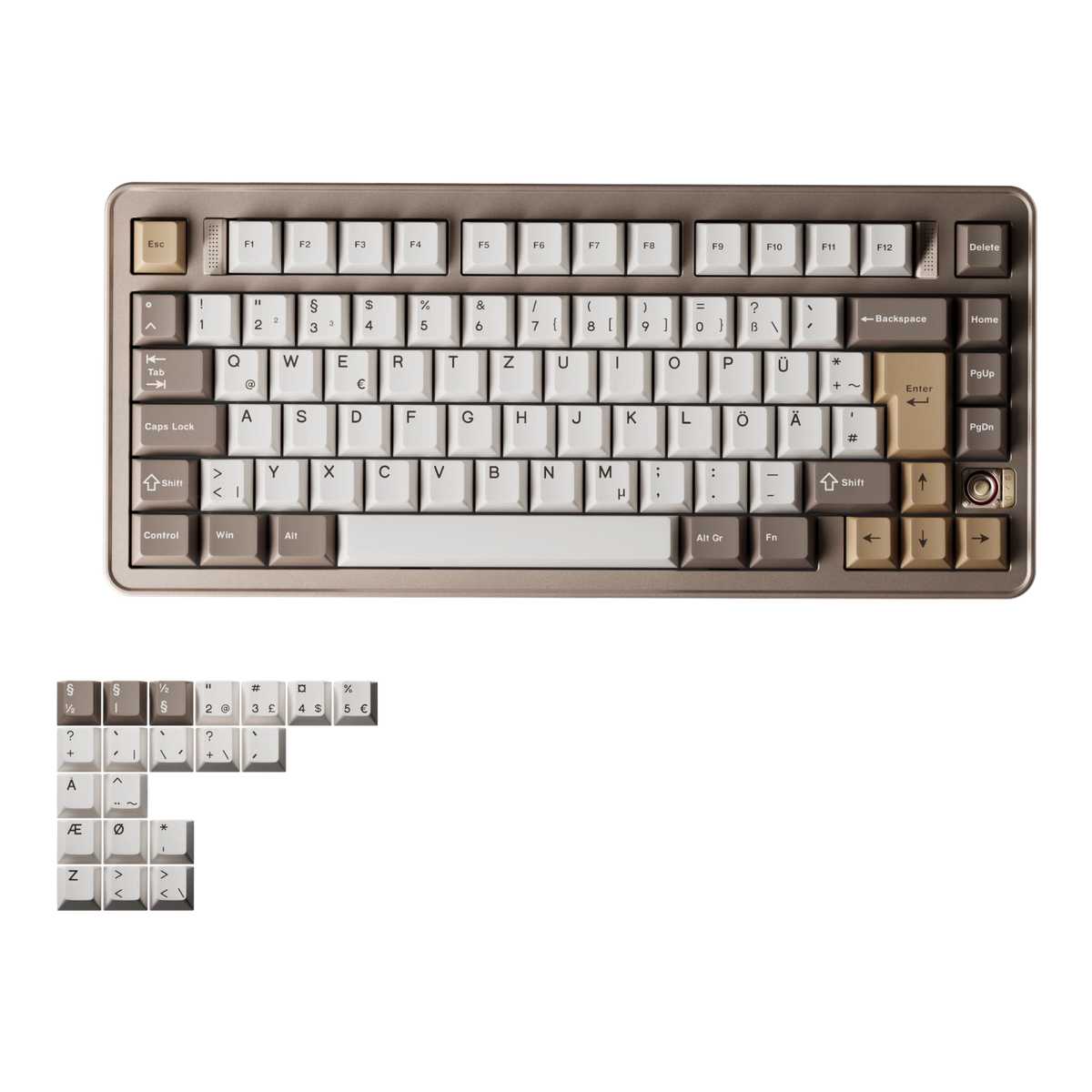 Evoworks Evo75 wireless mechanical keyboard in Sandgold with white, taupe and gold keycaps, top-down view, German ISO base with ISO Nordic replacement keycaps