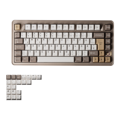 Evoworks Evo75 wireless mechanical keyboard in Sandgold with white, taupe and gold keycaps, top-down view, German ISO base with ISO Nordic replacement keycaps