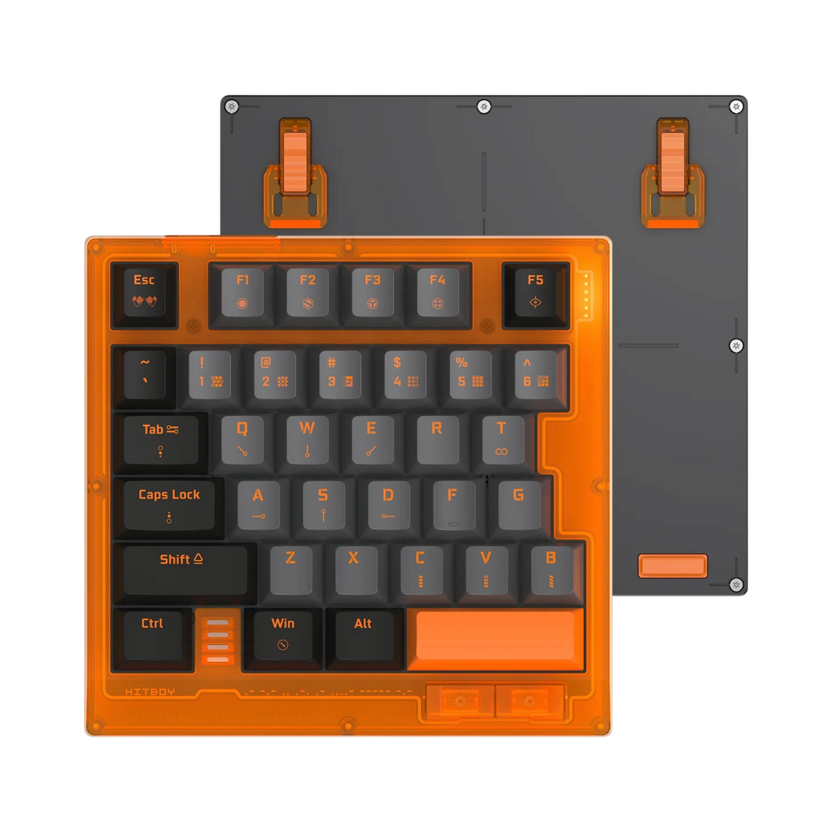 HK35 one handed magnetic keyboard, Competition Orange translucent case with black and grey keycaps, top view with bottom plate and feet 
