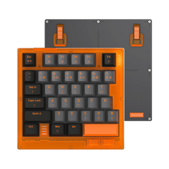 HK35 one handed magnetic keyboard, Competition Orange translucent case with black and grey keycaps, top view with bottom plate and feet #colour_competition-orange