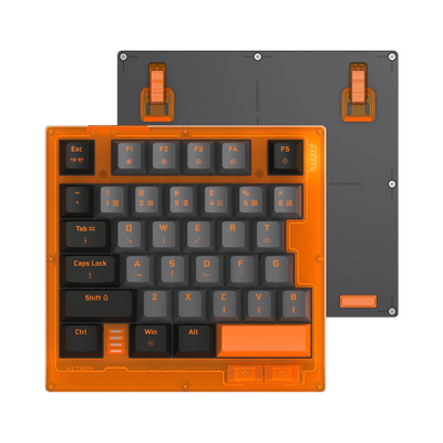 HK35 one handed magnetic keyboard, Competition Orange translucent case with black and grey keycaps, top view with bottom plate and feet 