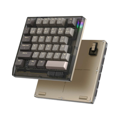 HK35 one handed magnetic keyboard, Dune smoky case with grey keycaps and tan bottom plate, angled view 