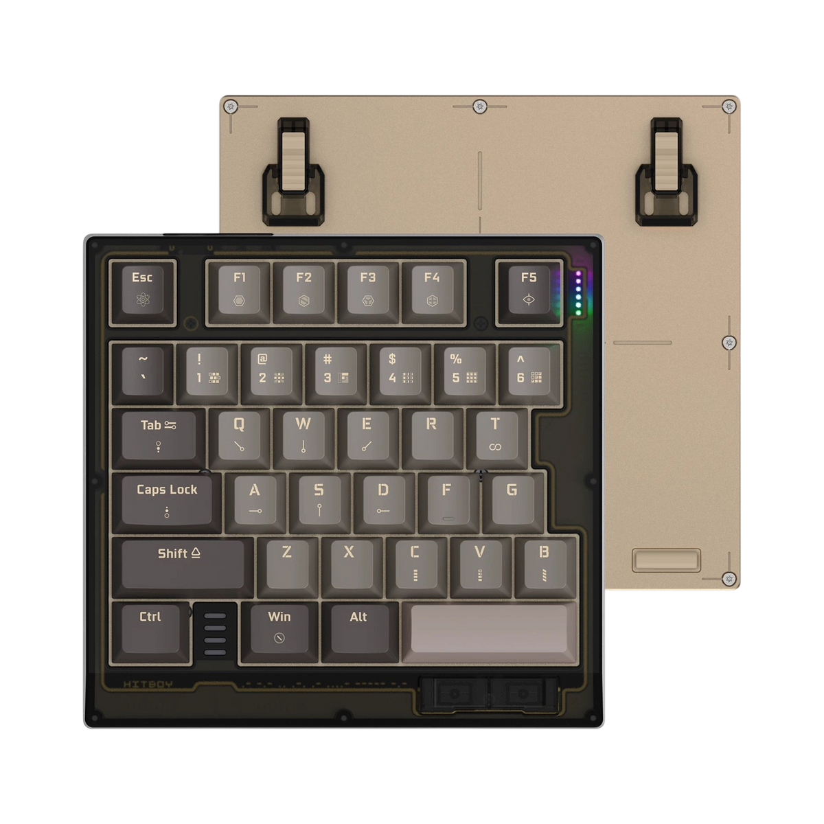 HK35 one handed magnetic keyboard, Dune smoky case with RGB indicators and grey keycaps, top view with tan bottom plate and feet 