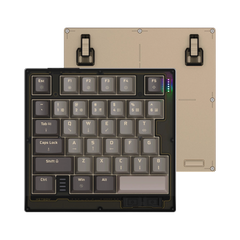 HK35 one handed magnetic keyboard, Dune smoky case with RGB indicators and grey keycaps, top view with tan bottom plate and feet #colour_dune