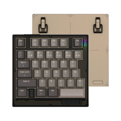 HK35 one handed magnetic keyboard, Dune smoky case with RGB indicators and grey keycaps, top view with tan bottom plate and feet 