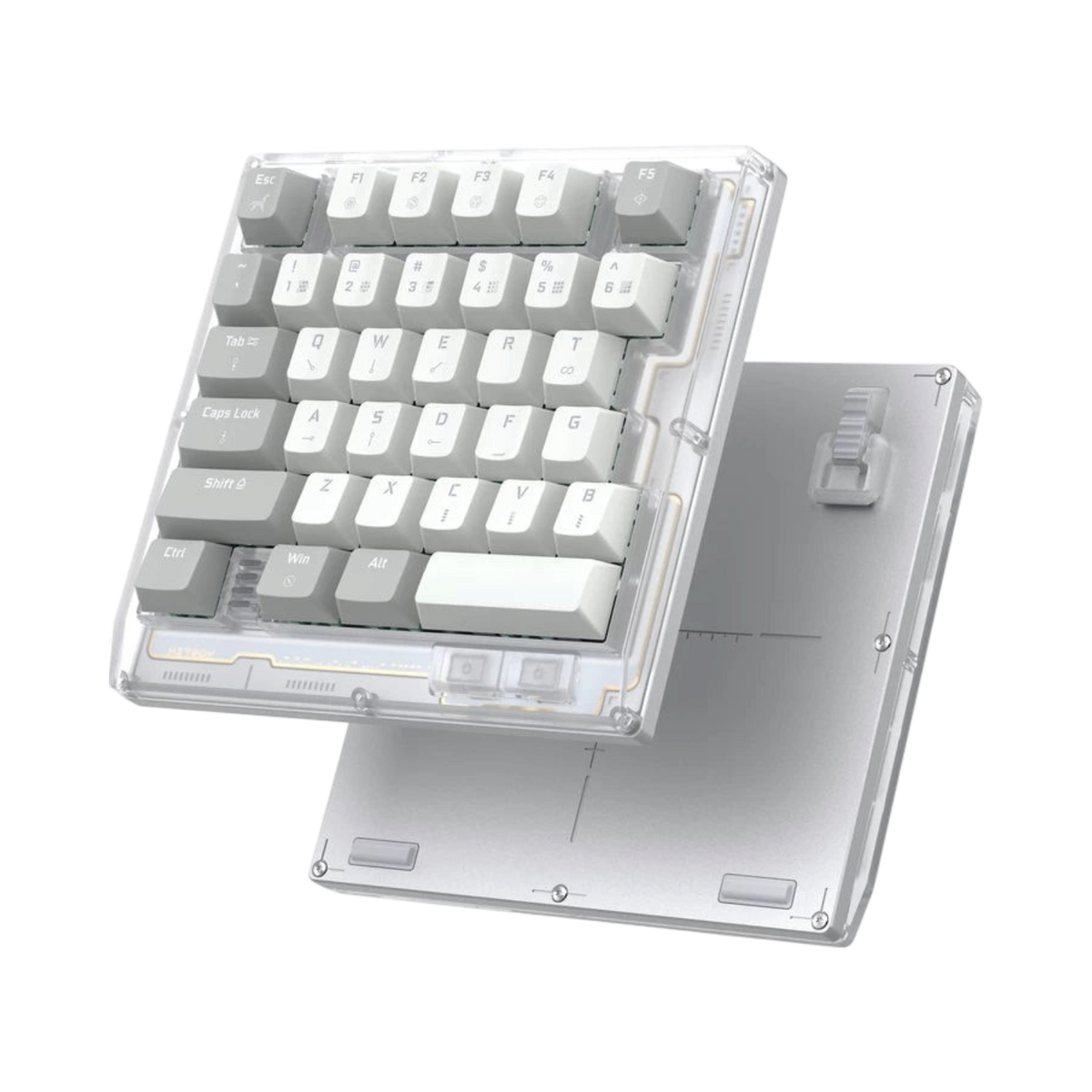 HK35 one handed magnetic keyboard, Phantom clear case with white and grey keycaps, angled view with bottom plate #colour_phantom