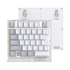 HK35 one handed magnetic keyboard, Phantom clear case with white and grey keycaps, top view with bottom plate and feet #colour_phantom