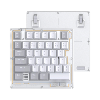 HK35 one handed magnetic keyboard, Phantom clear case with white and grey keycaps, top view with bottom plate and feet 