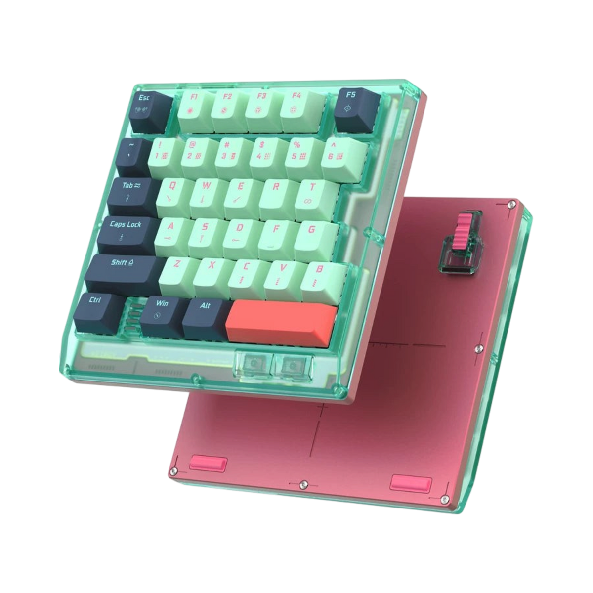 HK35 one handed magnetic keyboard, Rebecca mint case with mint and navy keycaps and pink bottom plate, angled view #colour_rebecca