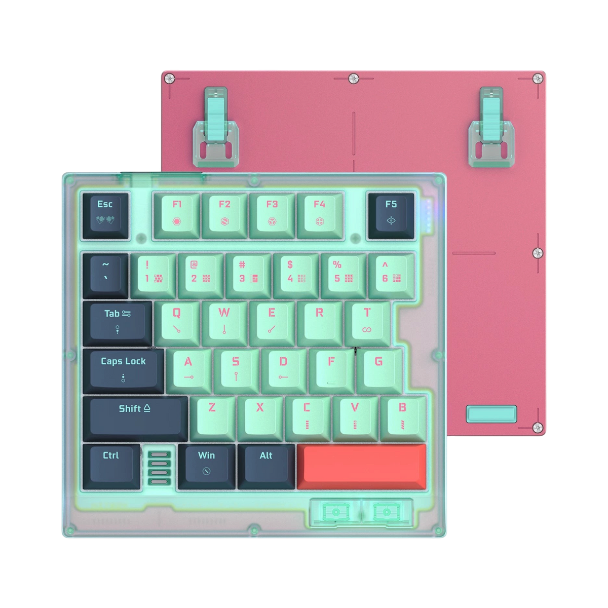 HK35 one handed magnetic keyboard, Rebecca mint case with mint and navy keycaps, top view with pink bottom plate and feet 
