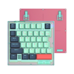 HK35 one handed magnetic keyboard, Rebecca mint case with mint and navy keycaps, top view with pink bottom plate and feet #colour_rebecca