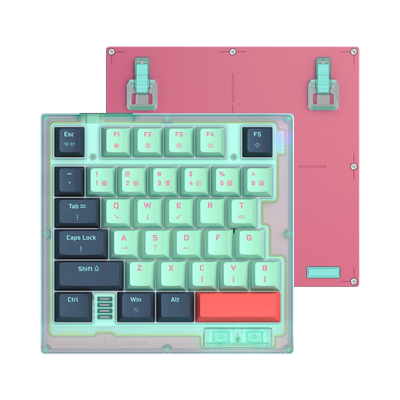 HK35 one handed magnetic keyboard, Rebecca mint case with mint and navy keycaps, top view with pink bottom plate and feet 