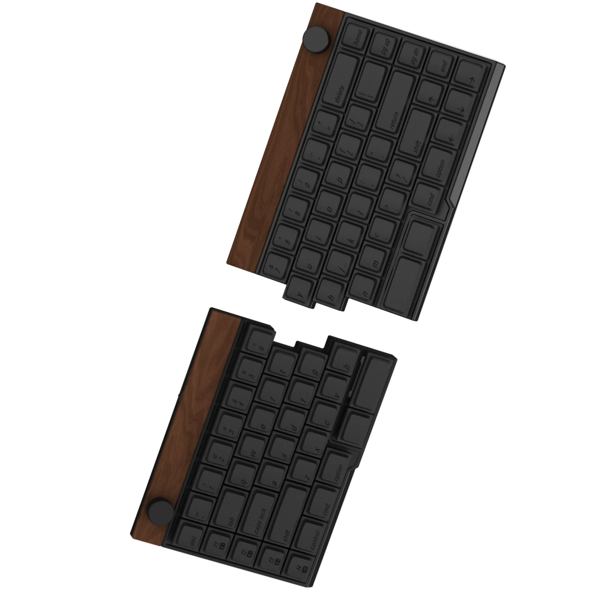 Jiffy75 split low-profile mechanical keyboard in black colour case with a walnut top wooden panel