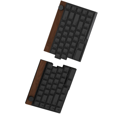 Jiffy75 split low-profile mechanical keyboard in black colour case with a walnut top wooden panel