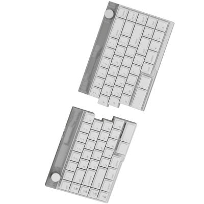 Jiffy75 split low-profile mechanical keyboard in white case with a semi-transparent grey top panel