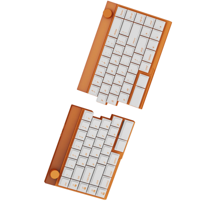 Jiffy75 split low-profile mechanical keyboard in orange case colour on a white background