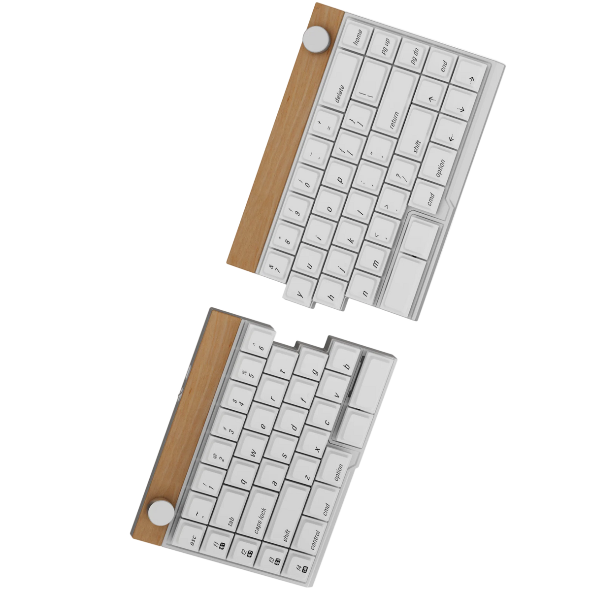 Jiffy75 split low-profile mechanical keyboard in grey case with a maple top wooden panel