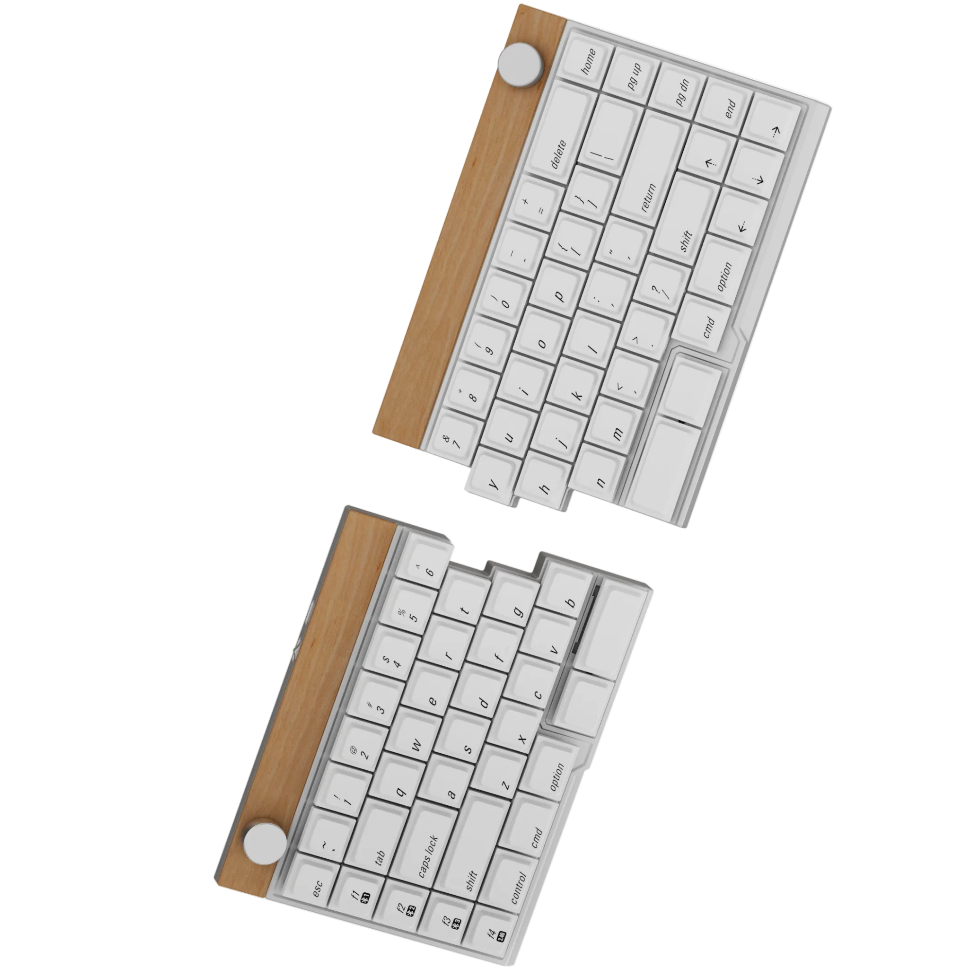 Jiffy75 split low-profile mechanical keyboard in grey case with a maple top wooden panel