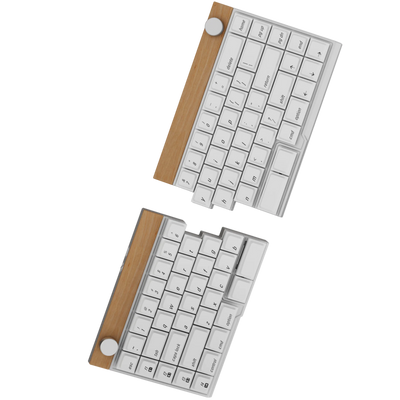 Jiffy75 split low-profile mechanical keyboard in grey case with a maple top wooden panel