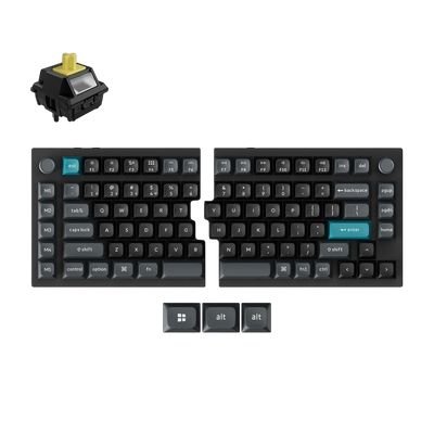 Keychron Q11 Ultra split mechanical keyboard in black with blue accents, rotary knobs, and a Silk POM switch.