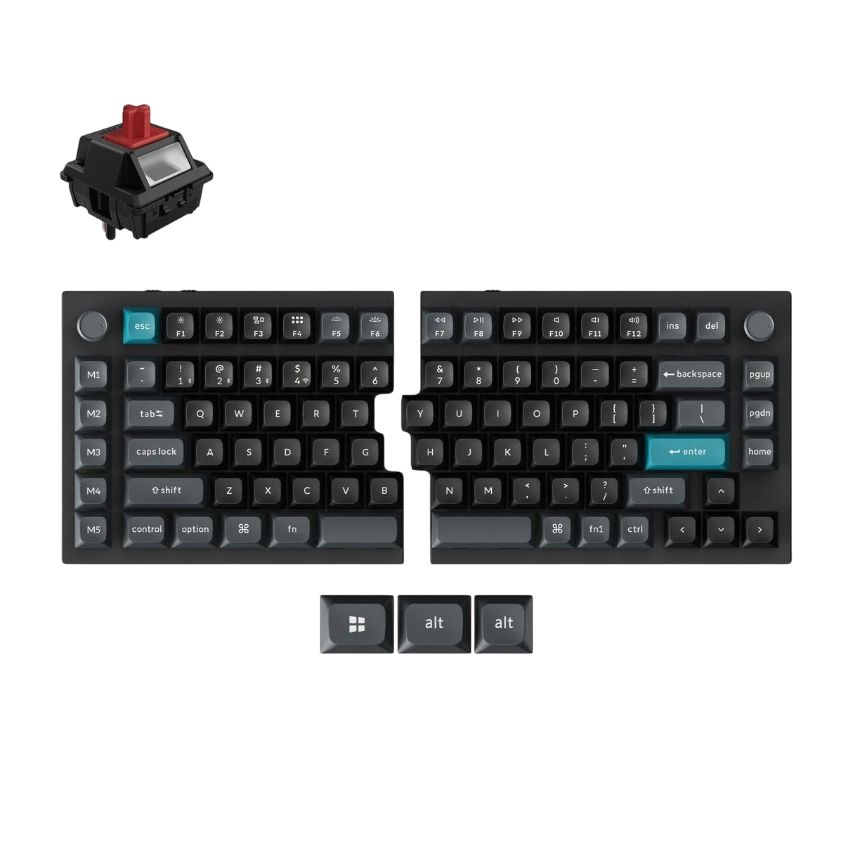 KeychronQ11 Ultra split mechanical keyboard in black with blue accents, rotary knobs, and Silk POM switch.