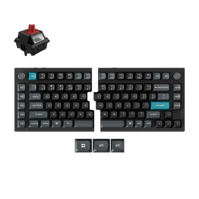 KeychronQ11 Ultra split mechanical keyboard in black with blue accents, rotary knobs, and Silk POM switch.