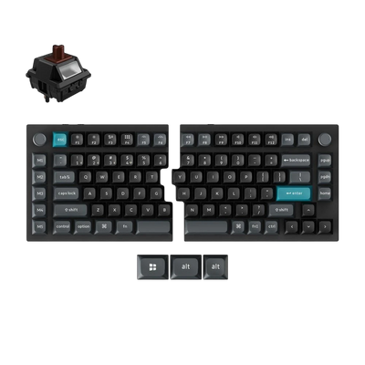 Keychron Q11 Ultra split mechanical keyboard in black aluminium with blue accents and a Silk POM brown switch.